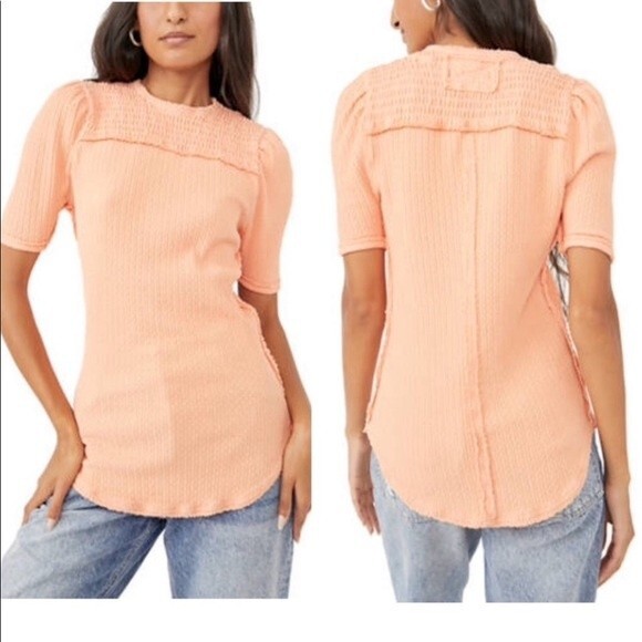 NWT‎ - FREE PEOPLE Care Red Delicious T-Shirt Top in Sunset Peach Orange Size XS - Picture 2 of 10